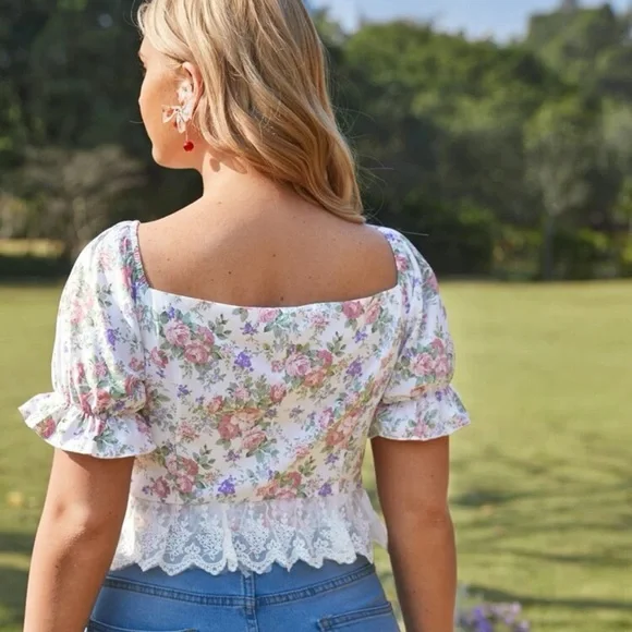 NWT Cottagecore Babydoll Peplum Floral Print Lace Crop Blouse Size 1XL PLUS - Picture 4 of 10